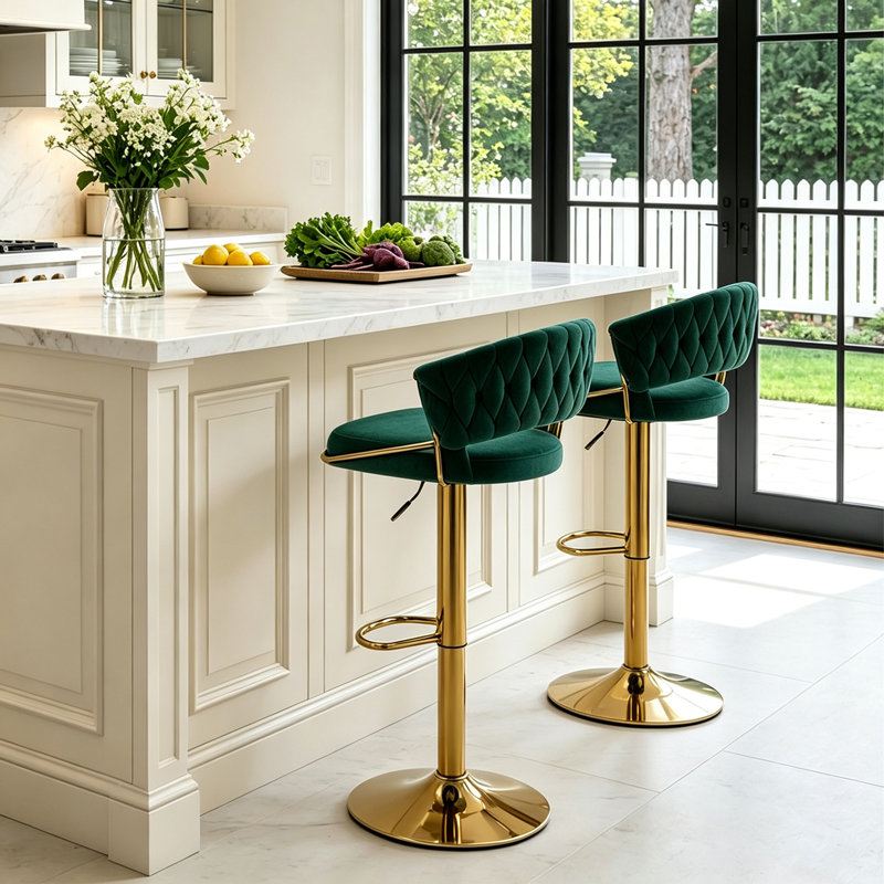 Christal Swivel Upholstered Adjustable Height Counter Stool, Dark Green, Gold