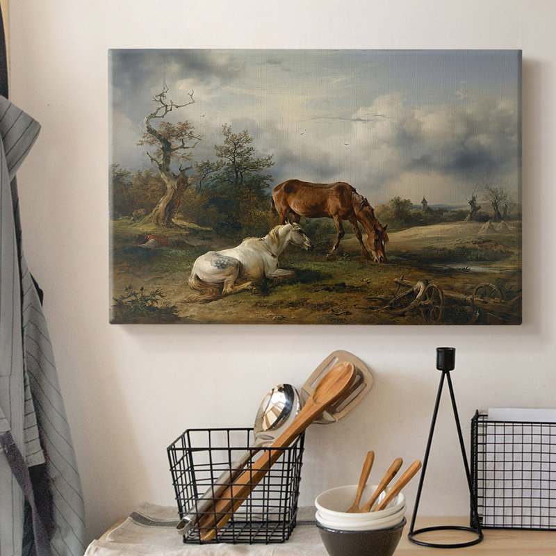 Chevaux dans un pré (Pferde auf der Weide) -Friesrich Gauermann-Toile tendue avec châssis-c. Milieu du 19e siècle, 8 x 12