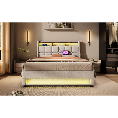 Grand lit avec lumières à DEL et poche latérale pratique - rangement rembourré naturel