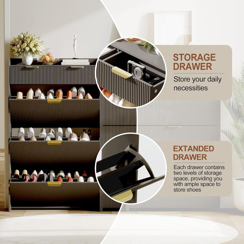 Fluted Shoe Storage Cabinet, Black