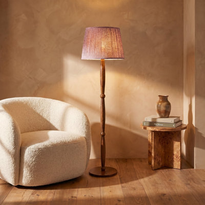 Ash Wood Floor Lamp with Pleated Floral Linen Shade