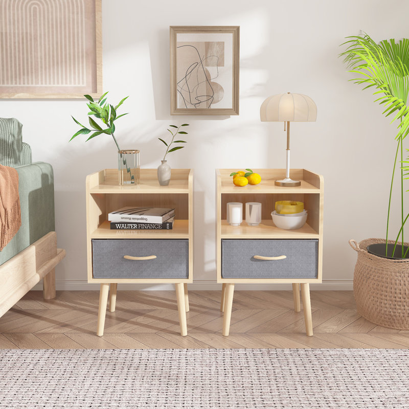 Table de chevet 2 pièces avec tiroir pliable en tissu, table de bout avec rangement à 2 niveaux, table d'appoint en bois avec armoire de rangement