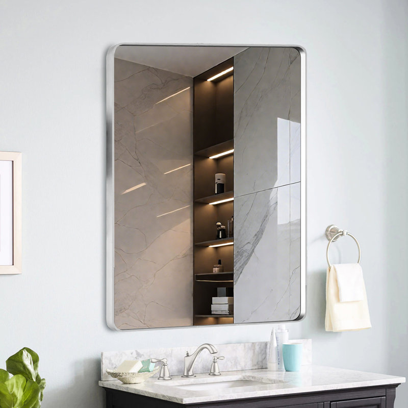 Miroir de salle de bain 20 po x 30 po en nickel brossé avec cadre en aluminium, verre flotté à haute définition pour une vision impeccable, miroir de meuble-lavabo antirouille dans le cadre, réflexion claire et précise