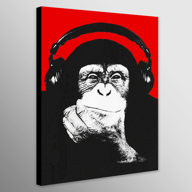 Monkey Headphones Thinking - Wrapped Canvas Print, 41cm H x 31cm W x 4cm D