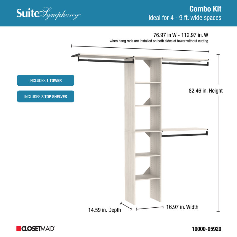 SuiteSymphony Closet System Kit with Top Shelves, 82.46"H x 108"W x 14.59"D