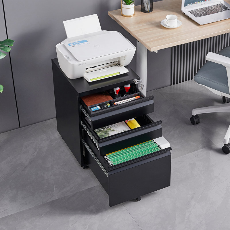 [Installation Required] 3-Drawer Mobile Filing Cabinet With Lock, Office Storage Filing Cabinet Of Legal/Letter Size, Metal Filing Cabinet To Be Installation Required (Black)