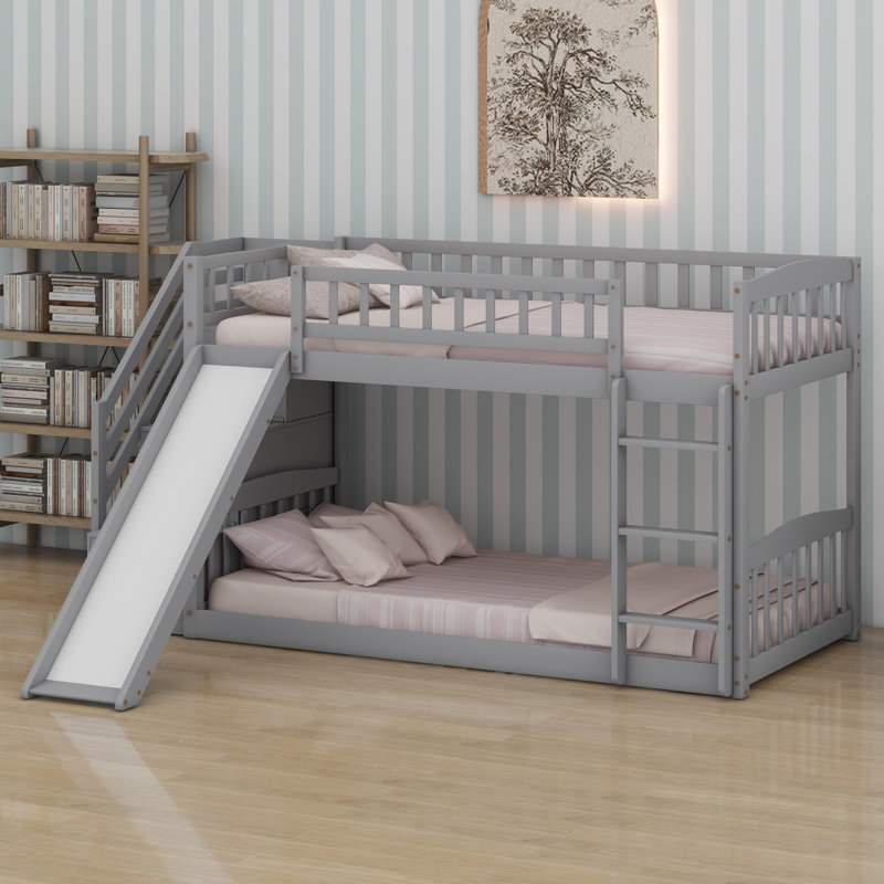 Lit superposé avec escalier de rangement et glissade, Gris