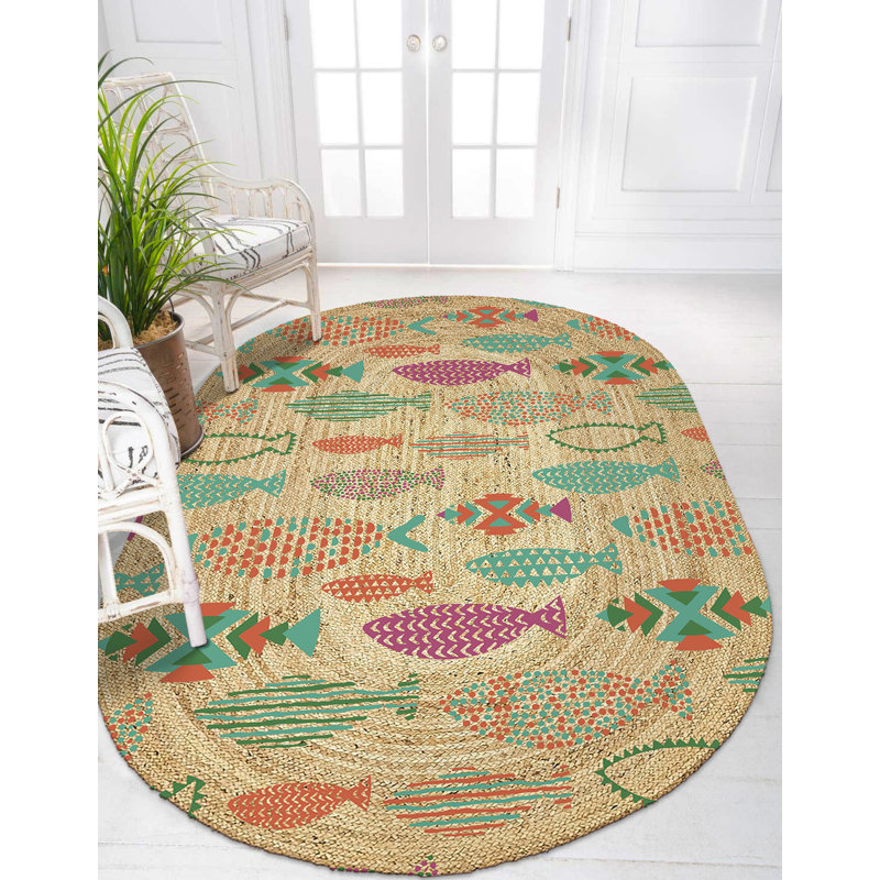 Tapis ovale beige / vert en jute tissé à la machine, Ovale 3 pi 11 po x 5 pi 11 po