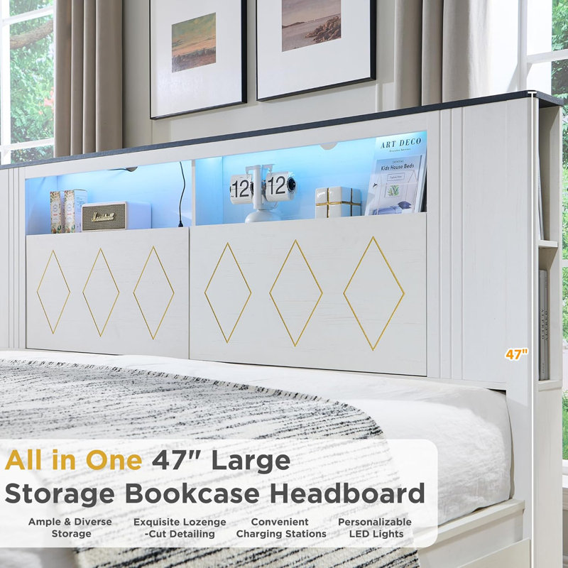 Modern King Size Bed Frame with 4 Drawers, Led Lights, Wood Platform Bed with Charging Station, White