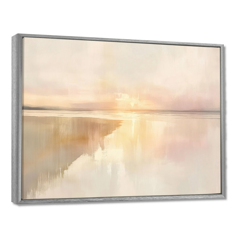 «Blush Tide Glow I» - art mural bord de mer rose, Encadrement argenté, H 16 po x l 32 po