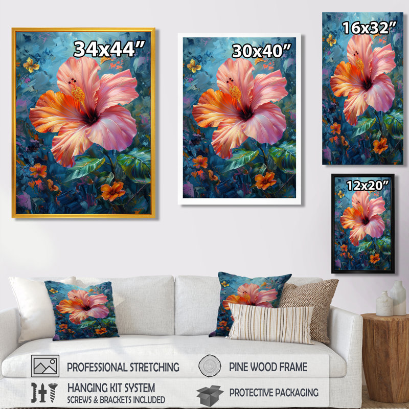 Rose, vert, tropical, oasis, hibiscus - Hibiscus, impression d'art mural, Cadre flottant doré, H 24 po x l 32 po