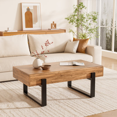 Rustic 46" Rectangular Farmhouse Coffee Table with 2 Drawers, Solid Ironwood Top, Industrial Black Sled Base for Stylish & Functional Living Room