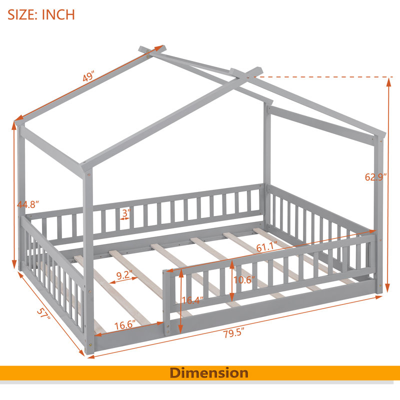 Wood Bed House Bed Frame With Fence, Gray, Full