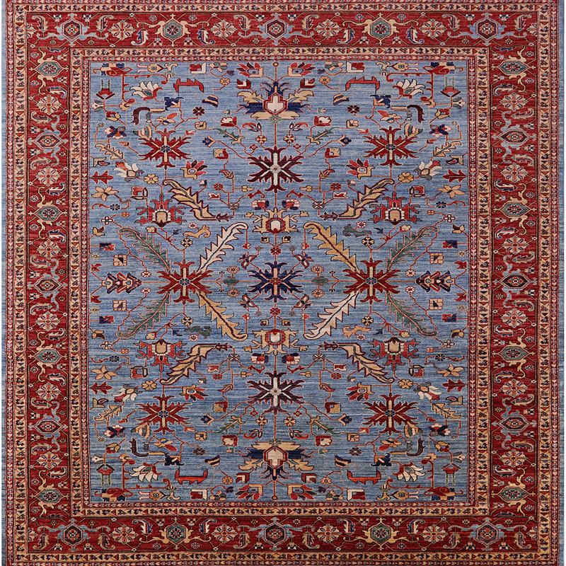 Tapis oriental bleu / rouge, Carré 7 pi