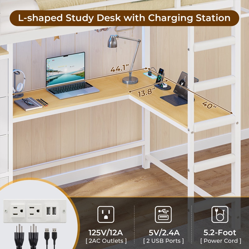 Twin Size Metal Loft Bed for Kids with L-Shaped Desk, 7 Storage Drawers, RGB LED Lights & Charging Station, 13.11" Full-Length Safety Guardrail, Ladder, No Box Spring Needed , White