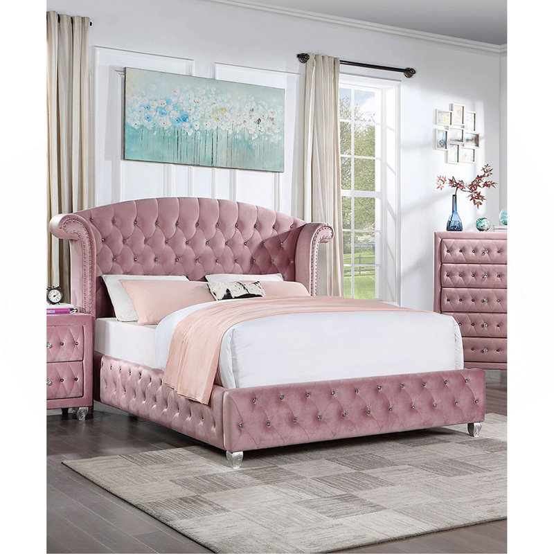 Glam Contemporary Pink Flannelette Upholstered 1Pc Bed Cabriole Legs Wingback Design Bedroom Furniture, King