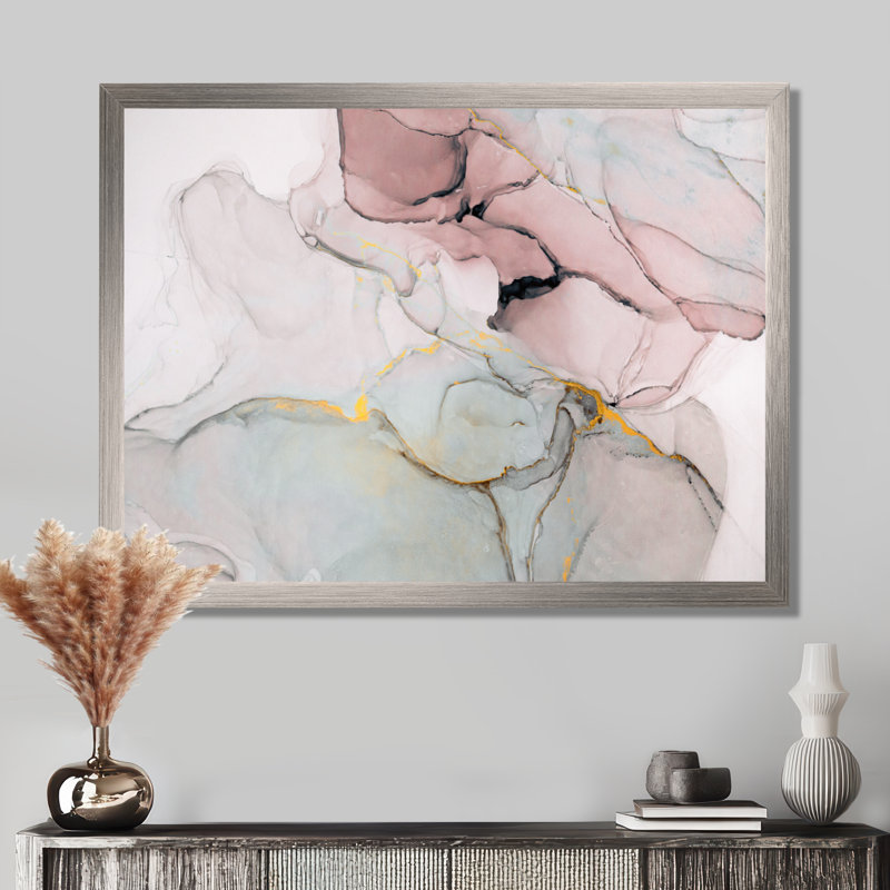 «Pink and Golden Marble Ripples II», impression sur toile, H 34 po x l 44 po, Impression encadrée, Argent argent