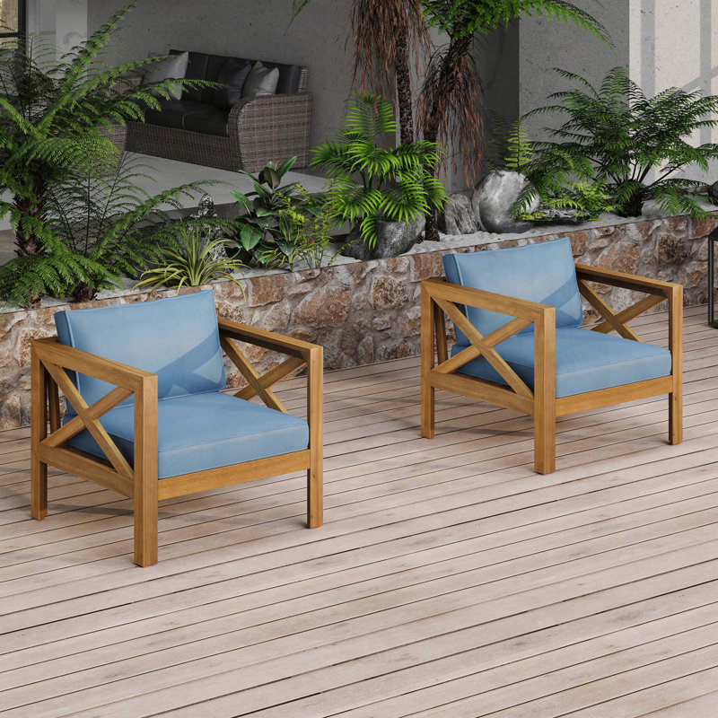 Fauteuil club d'extérieur en bois d'acacia avec coussin (ensemble de 4) - Finition teck, bleu, Bleu