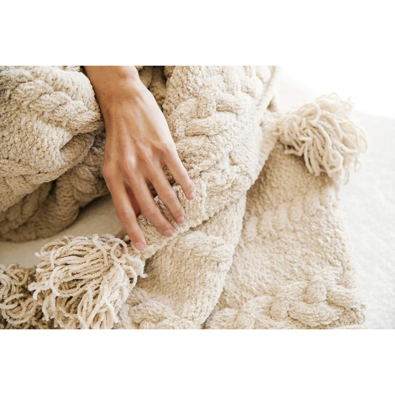 Braided Pom Throw Blanket, Sahara Tan