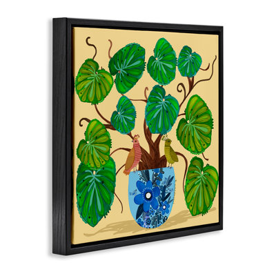 Cadre flottant perché plante et oiseaux en pot, design par Kay Widdowson