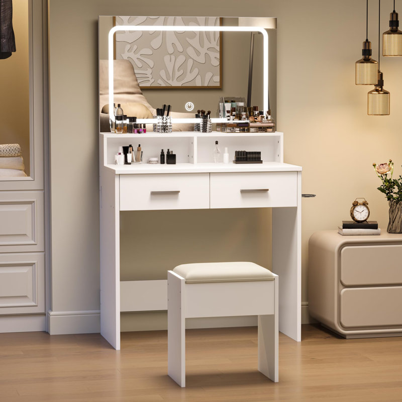 Vanity Set with 3-Color Adjustable LED Mirror, Small Makeup Desk with Power Outlet and 2 Drawers, Modern Dressing Table and Cushion Stool Set for Bedroom(32''x16''x54'')
