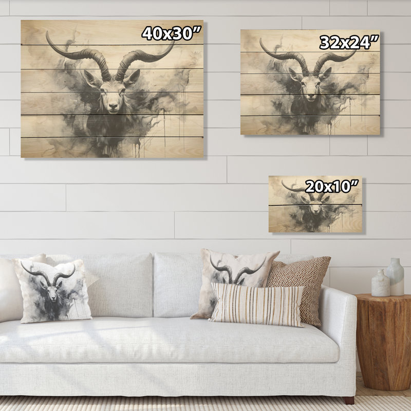Minimalisme noir et blanc antilope bouquetin I - art mural en bois d'antilope sur bois de pin naturel, H 30 po x l 40 po