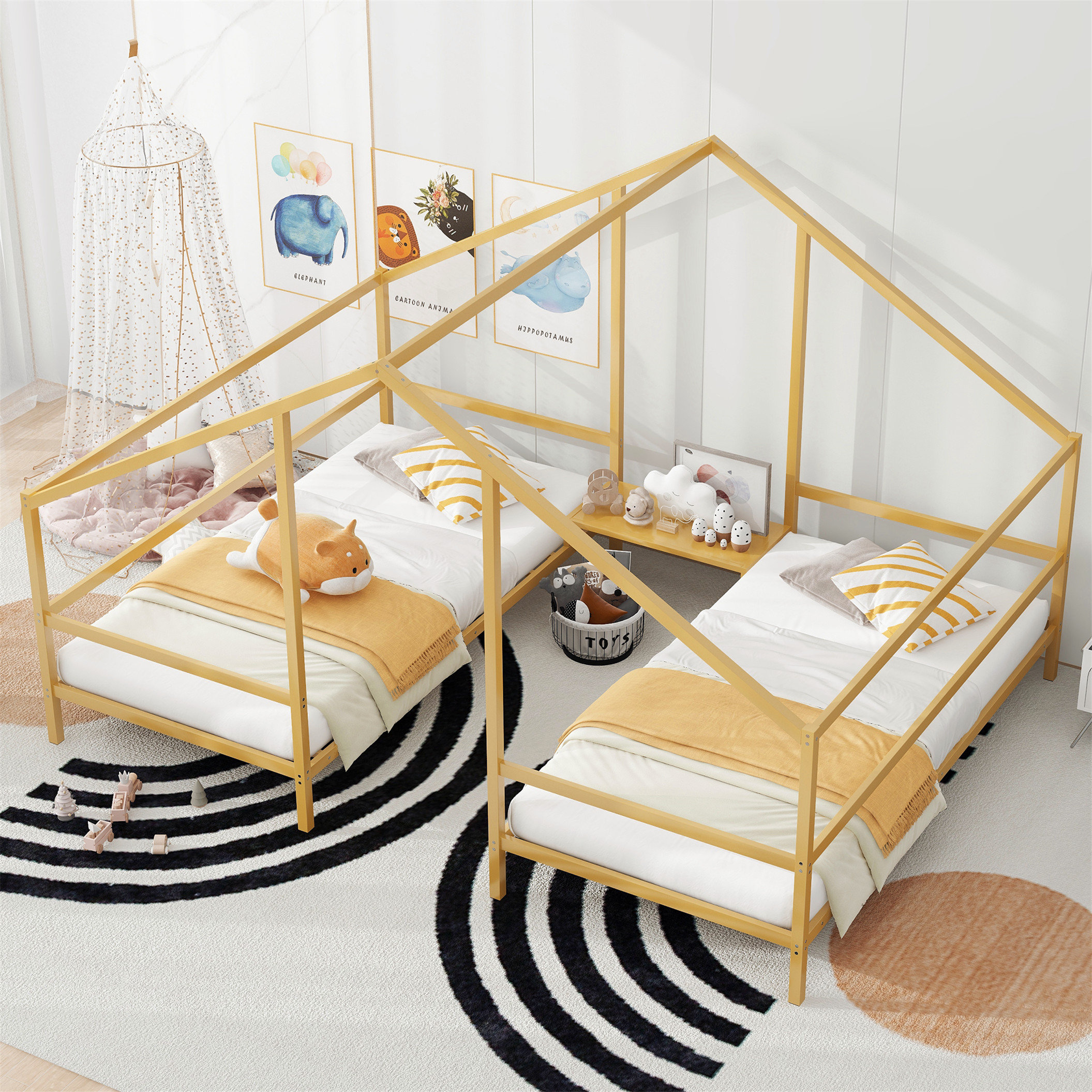 Latitude Run® Metal Double Triangular House Beds With Built-In Table ...