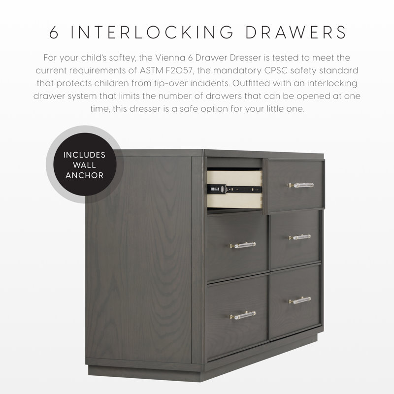 Vienna 6 Drawer Dresser, Darkwash Ash With Acrylic