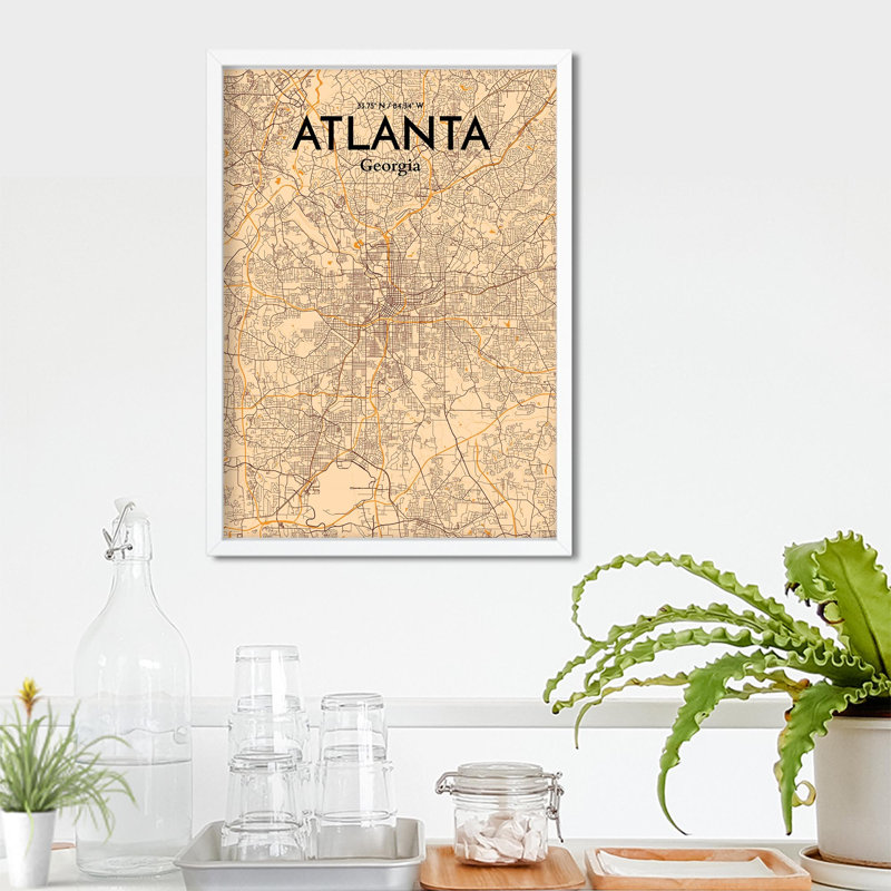 Carte de la ville d'Atlanta, impression rétro, Orange / or pâle, H 27,60 po x l 19,70 po