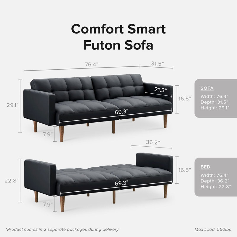 Reiana Twin 76.8'' Faux Leather Convertible Sofa, Midnight Black Faux Leather