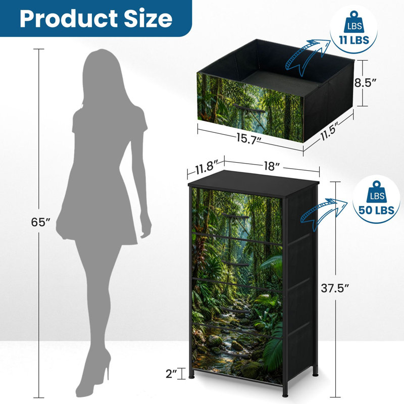 Commode 4 tiroirs pour chambre à coucher, commode étroite, plateau en bois et structure en fer de travail 18 po x 37,5 po - (l x H) - avec imprimé de forêt tropicale