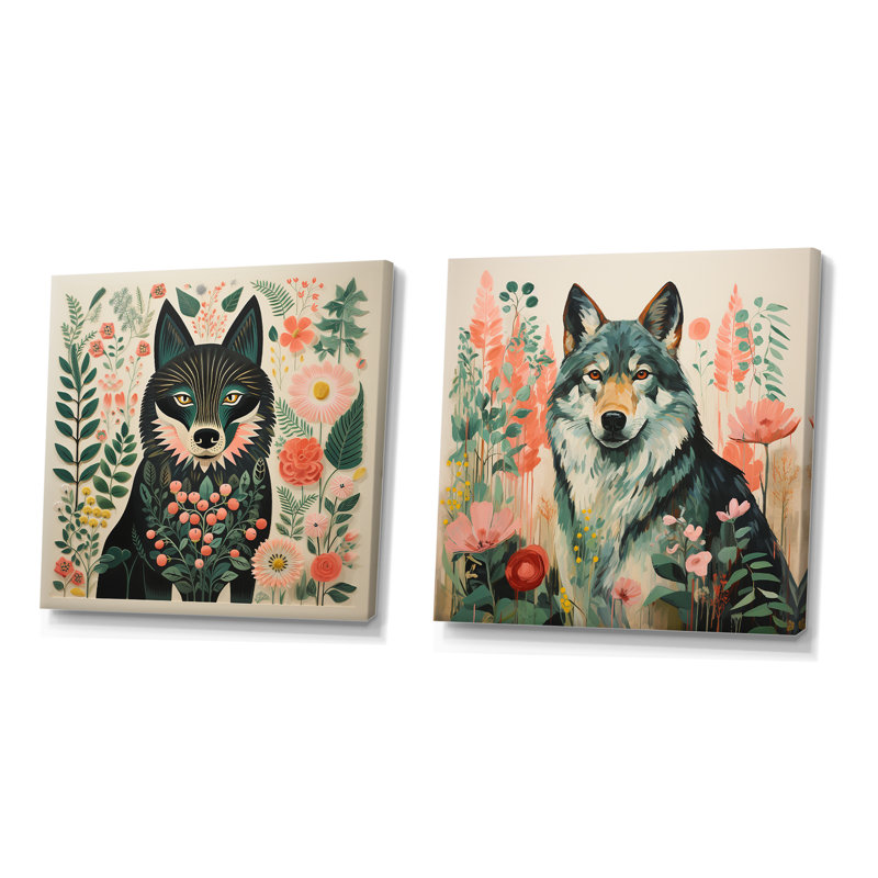 «Pink and Green Boho Wolf Portrait I», ensemble d'art mural sur toile loup, Toile tendue, H 16 po x l 33 po x P 1 po