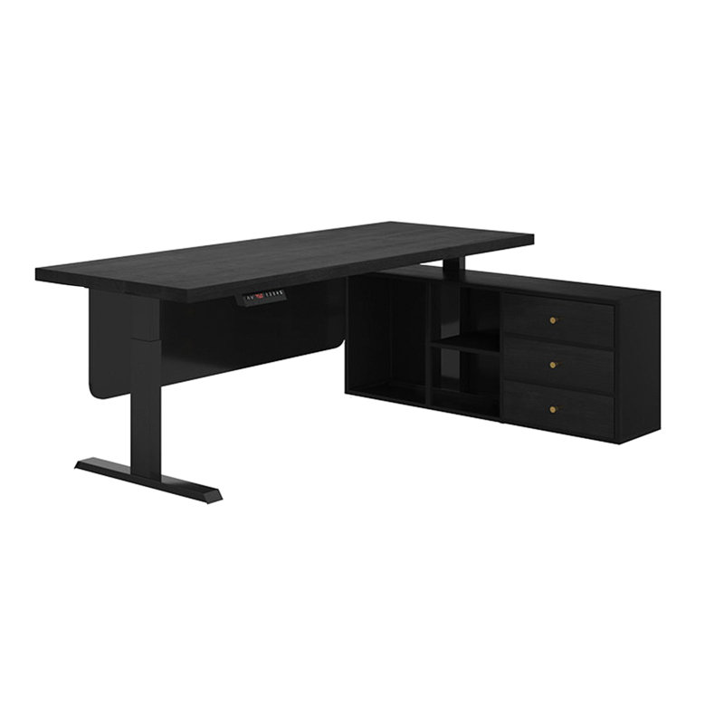 Bureau de direction réglable en hauteur en pin massif noir clair luxueux, avec rangement à 3 tiroirs, structure en acier robuste et plateau de table en bois massif, polyvalent pour de multiples cas de figure
