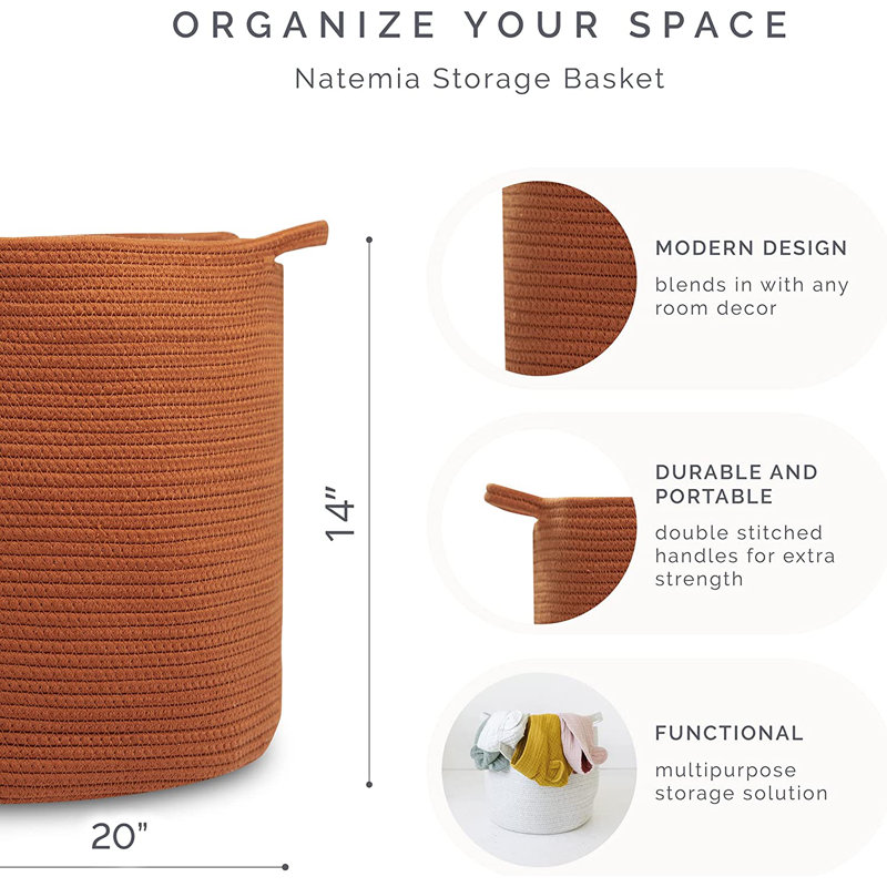 Laundry Cotton Basket, 15" H x 14" W x 14" D, Brown