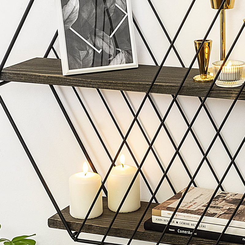 Tablette murale moderne géométrique, noir et noyer foncé, 23,6 po x 20,5 po x 5,9 po | 100% bois d'épinette (0,4 po d'épaisseur) et 100% métal (0,06 po d'épaisseur) | Solution de rangement élégante pour la décoration de la maison et du bureau