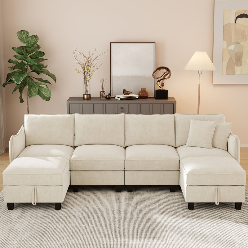Esai 112" Modern 6 Seat Upholstered Chenille U Shaped Sectional Sofa with Two Storage Ottomans, Beige