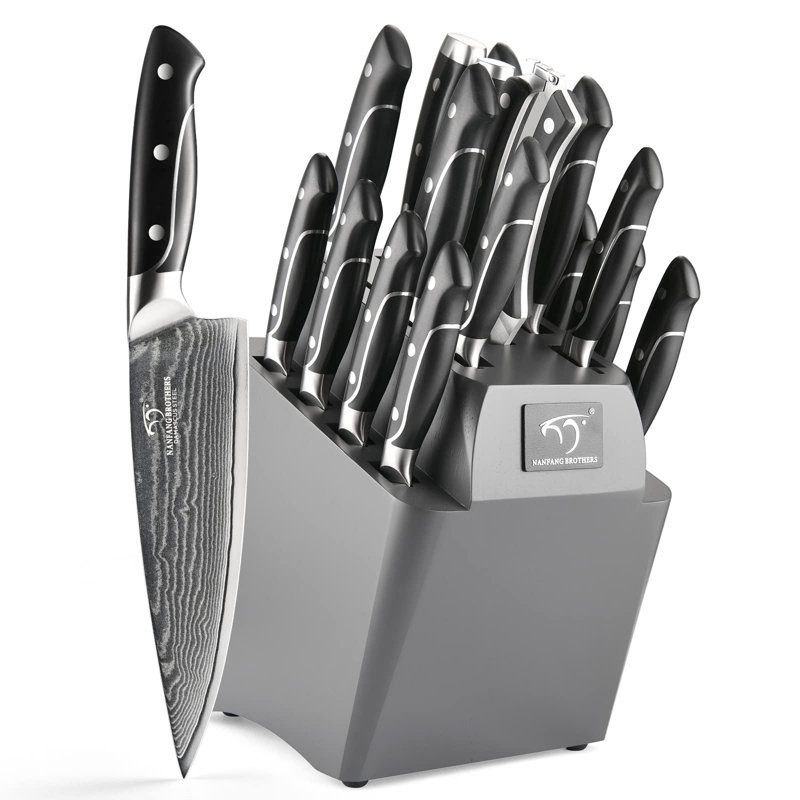 18 Pieces Damascus Kitchen Knife Set, 8 Piece Steak Knives, Non-slip ABS Ergonomic Triple Rivet Handle for Meat Fork, Knife Sharpener and Shears, 17 Slots Wooden Knife Block