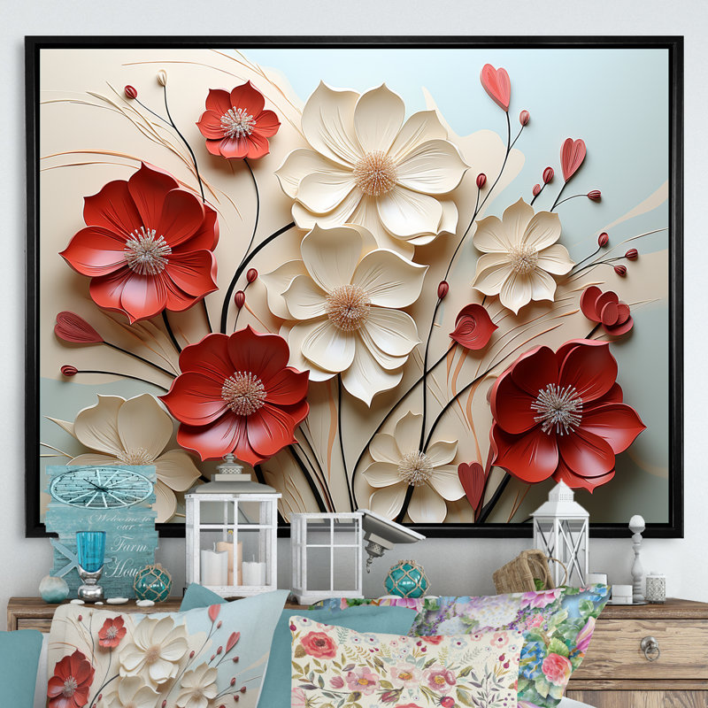 Rouge et blanc cramoisi fleur s Étreinte - art mural fleur, H 16 po x l 32 po, Reproduction avec cadre flottant, Noir