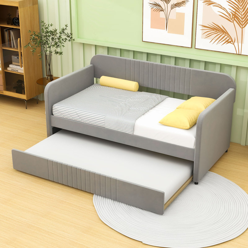 Twin Size Upholstered Daybed With Twin Size Trundle, Gray