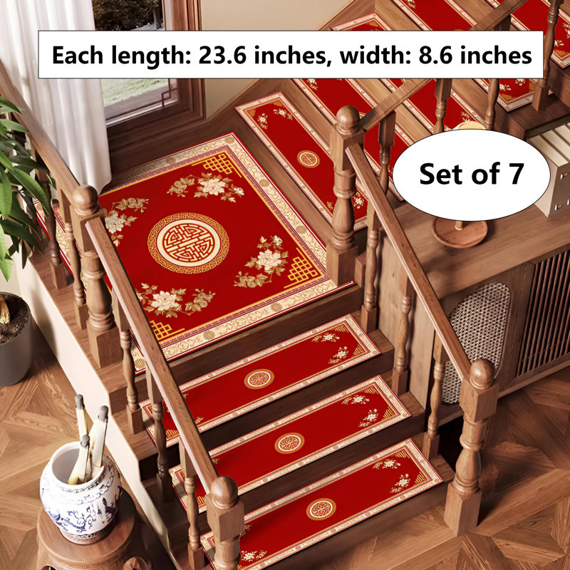 Premium Absorbent Non-Slip Stair Treads For Indoor Steps, Red/Orange Oriental