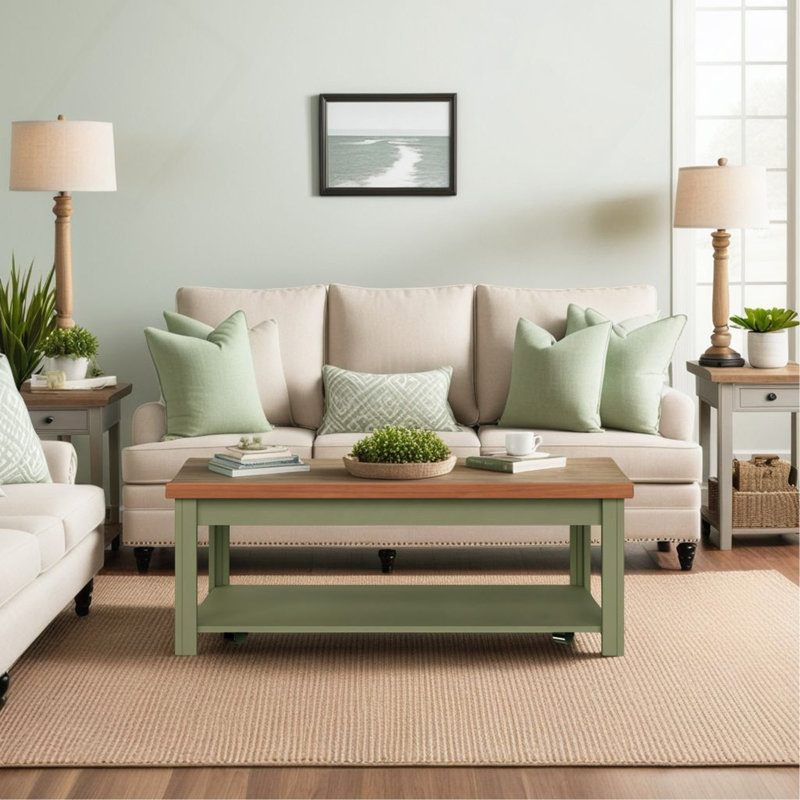 Table basse 48 po. Aucun assemblage requis. Finition vert sauge et bois fruitier., Vert