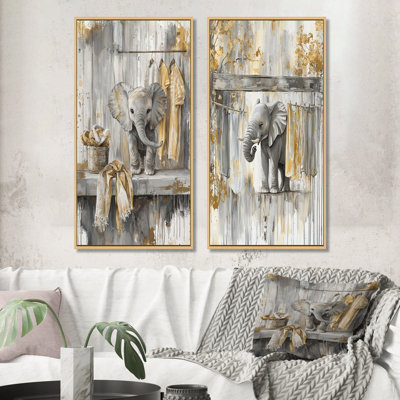 «Gray Elephants Laundry Day I», ensemble de 2 pièces d'art mural