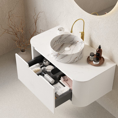 Meuble-lavabo de salle de bain 36 po, avec bords arrondis, lavabo rond en céramique blanche, plateau en pierre frittée, armoire en contreplaqué de 18 mm d'épaisseur, système de tiroir à fermeture en douceur