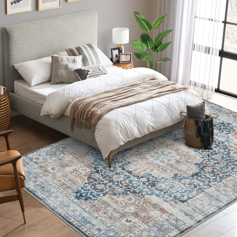 Oriental Machine Washable Rug with Rubber Backing for Living Room Floral Non-Slip Area Rug Vintage Indoor Carpet Non-Shedding Rug for Bedroom Dining Room Hallway Kitchen Office Playroom Nursery