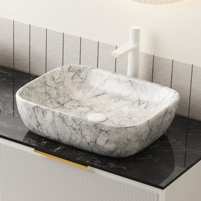 Lavabo de salle de bain en céramique à motif marbre blanc 19 po sans armoire, gris pierre, construction robuste, surface teintée, facile à garder en bon état, profondeur 20,17 po, largeur 16,19 po, hauteur 5,58 po, non