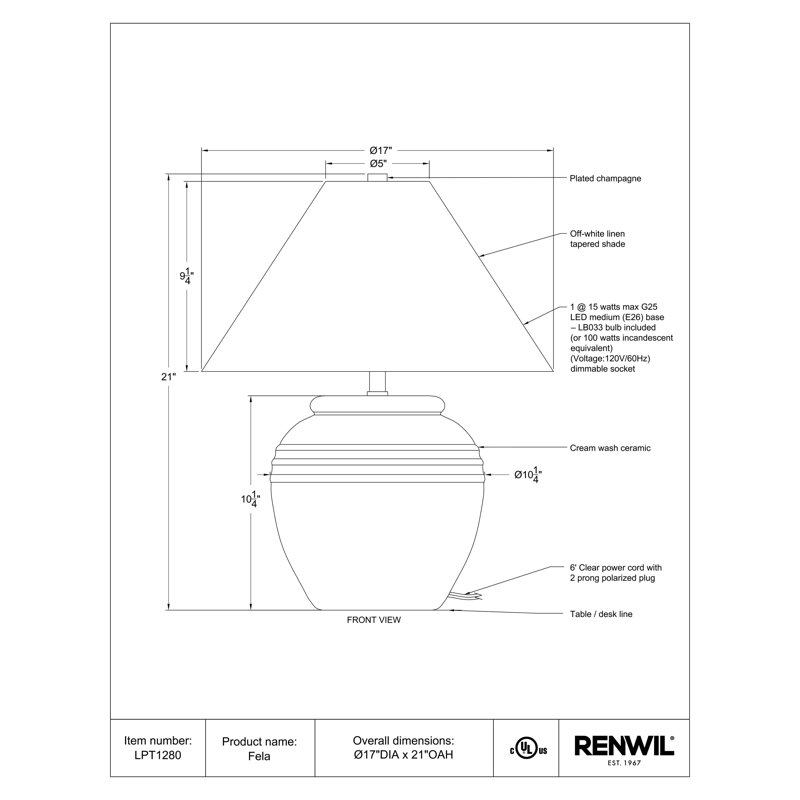 Standard Table Lamp by Renwil, Beige