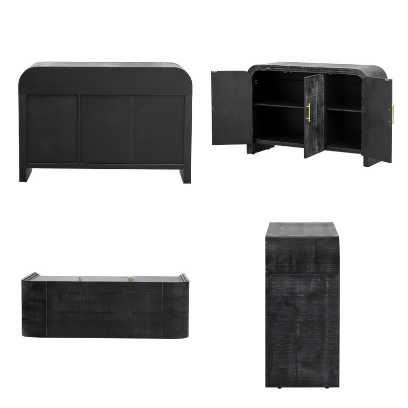 Retro Minimalist 3-door Curved Sideboard With Gold Handles And Adjustable Shelves, Antique Black