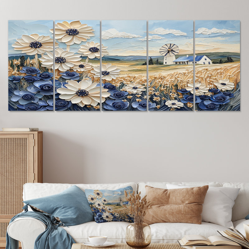 «White Blue Windmills Floral Fields III - Windmills», ensemble de reproductions d'art mural, H 32 po x l 80 po