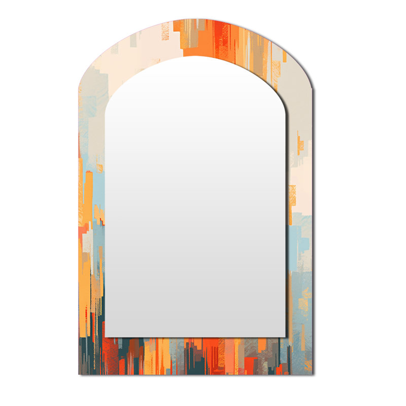 Orange Beige Shattered Realities - Cubism Asymmetrical Decorative Mirror, Modern Arch Large Wall Mirror, Printed Metal Art