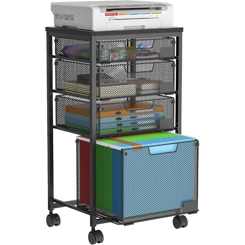 Black Rolling File Cart - 4 Storage Drawers, Hanging File Organizer With Wheels (Under Desk Filing Cabinet, Utility Craft Cart Printer Stand, Patent Pending)